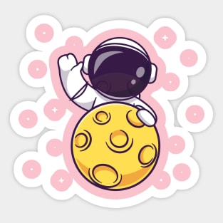 Cute Astronaut Waving Hand On Moon Cartoon Sticker